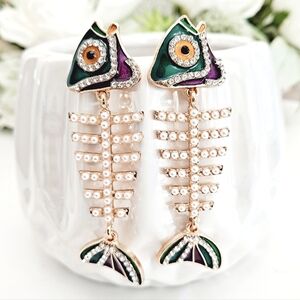 💖 Fish bone faux pearl metallic gold statement novelty animal earrings